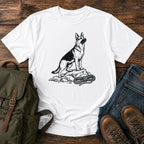 German Shepherd climbing crag scout t-shirt design with dog on rocky outcrop