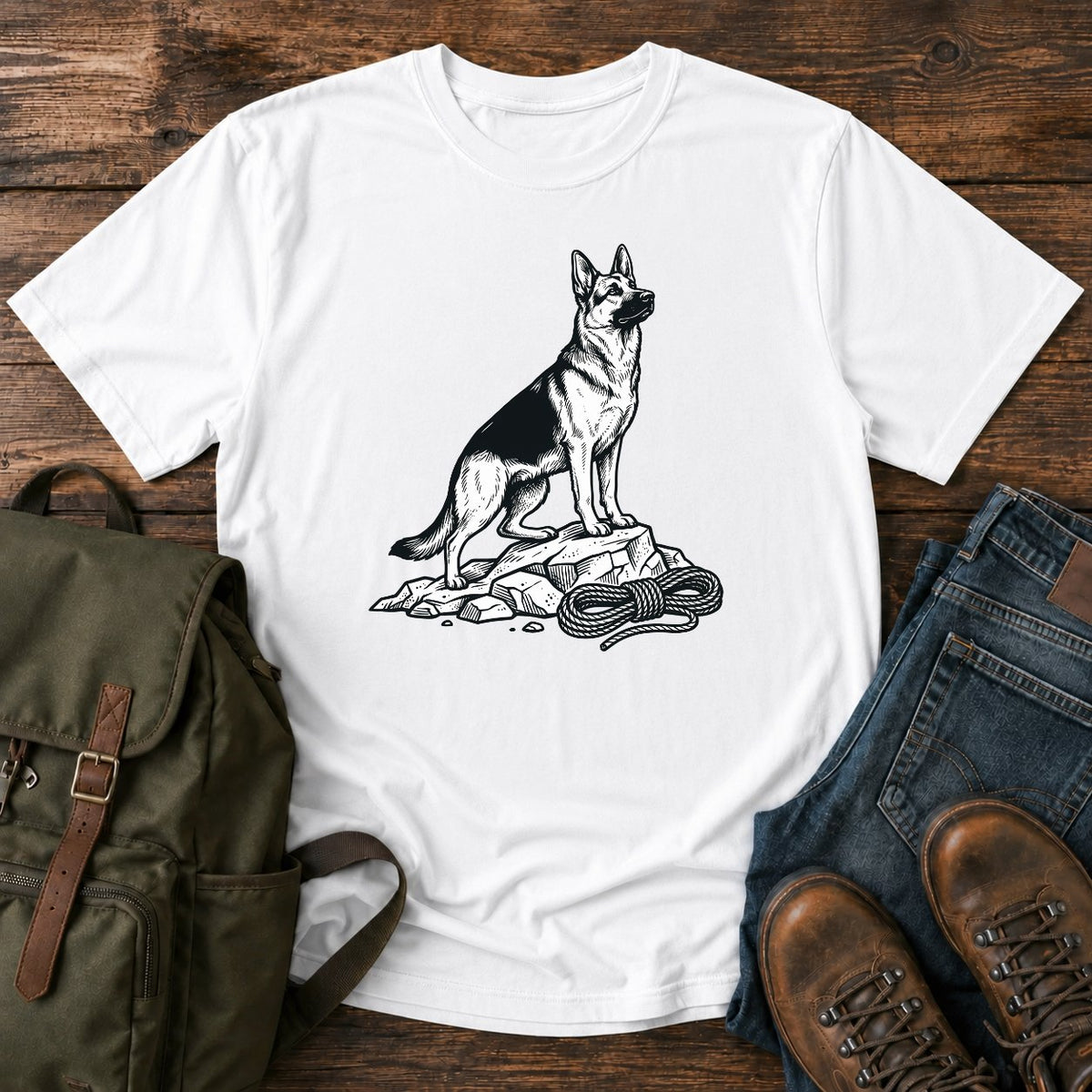 German Shepherd climbing crag scout t-shirt design with dog on rocky outcrop