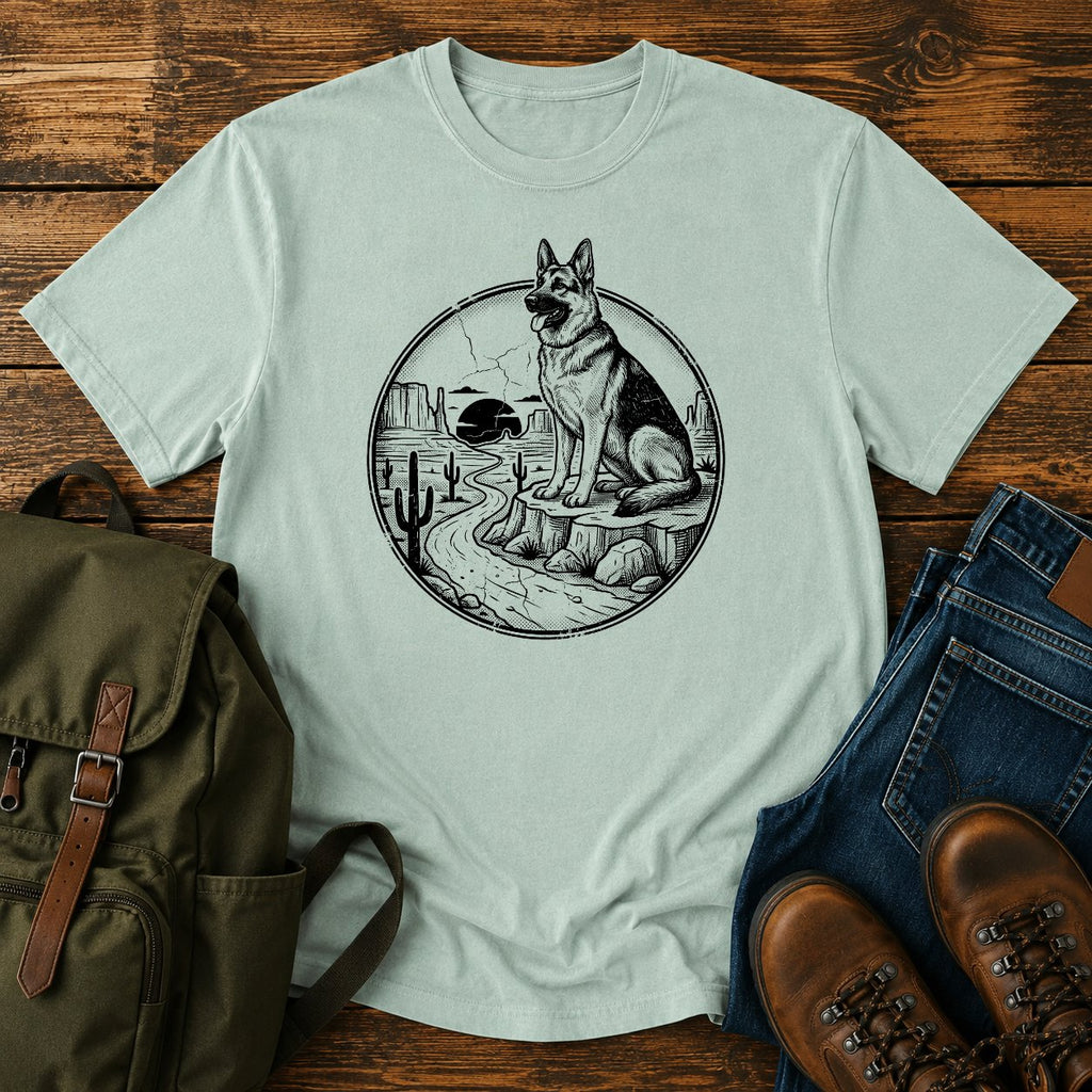 German Shepherd desert run overlanding scene t-shirt design