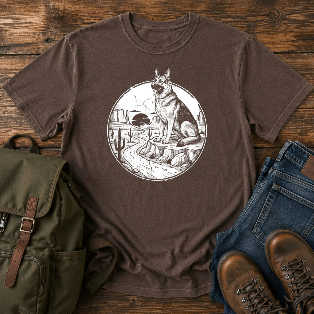 German Shepherd desert run overlanding scene t-shirt design