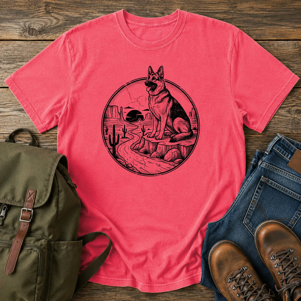 German Shepherd desert run overlanding scene t-shirt design