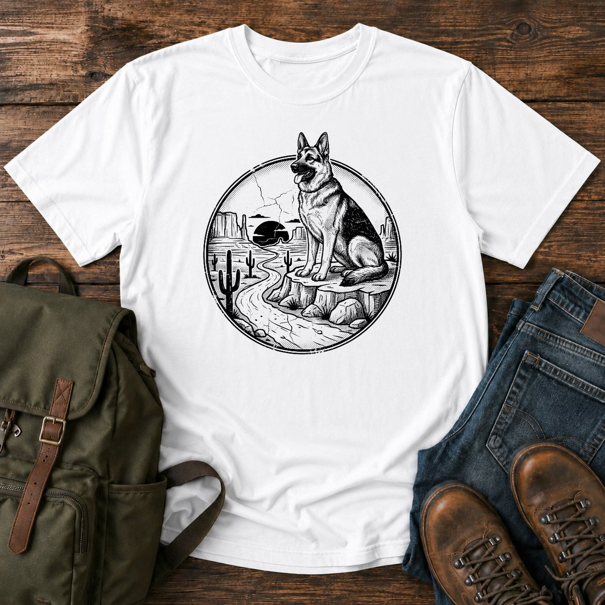 German Shepherd desert run overlanding scene t-shirt design