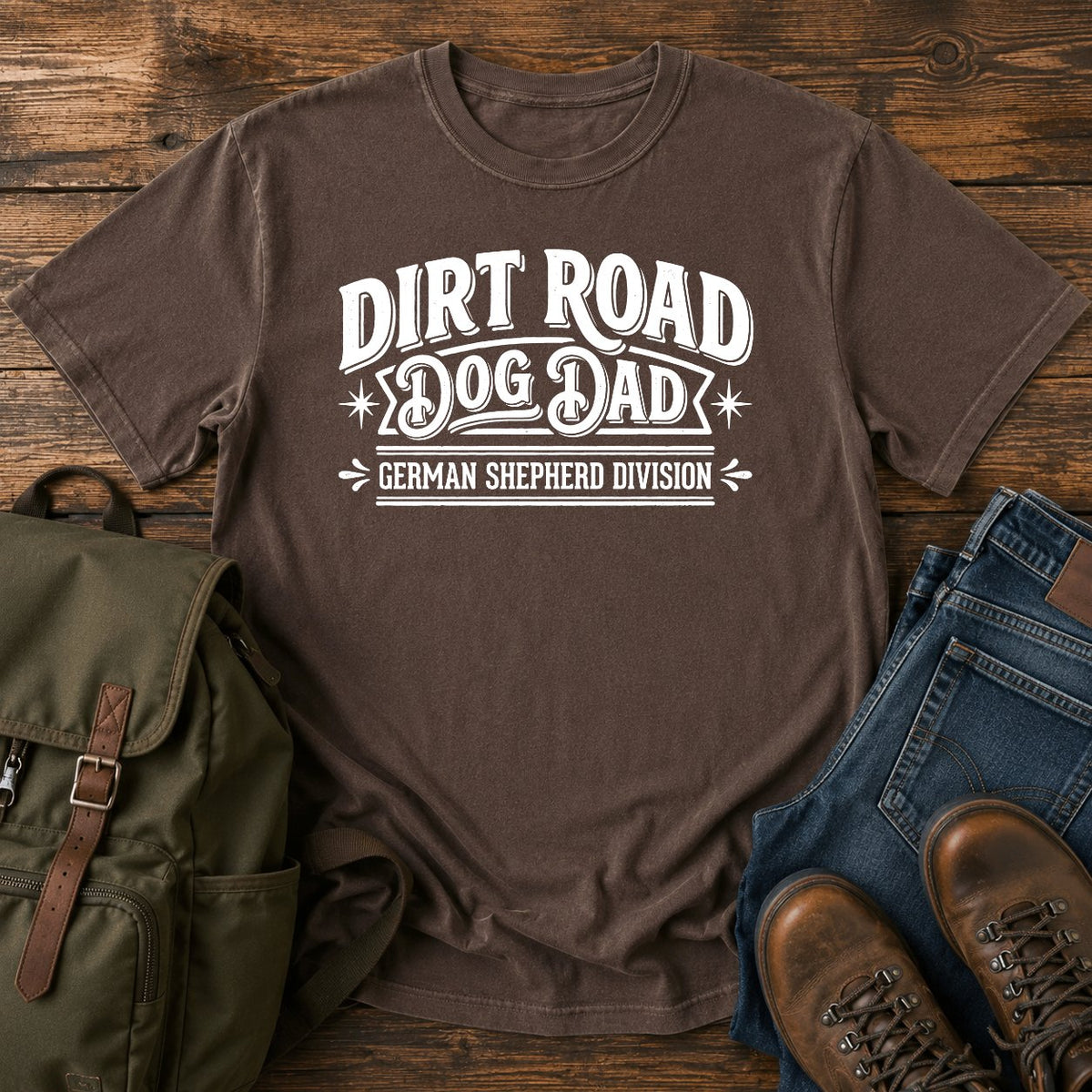 German Shepherd dirt road dad overlanding dog on a t-shirt design