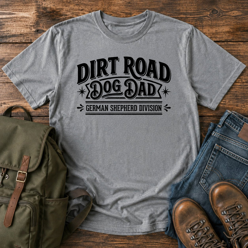 German Shepherd dirt road dad overlanding dog on a t-shirt design