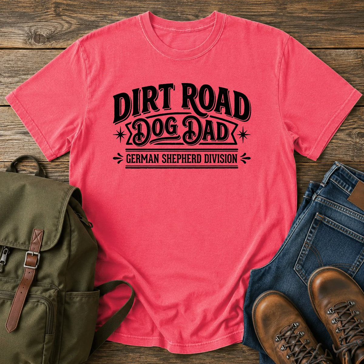 German Shepherd dirt road dad overlanding dog on a t-shirt design