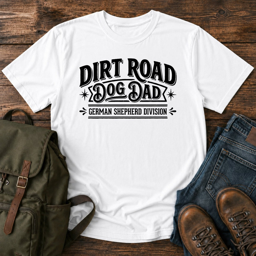 German Shepherd dirt road dad overlanding dog on a t-shirt design