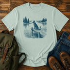 German Shepherd dock watch t-shirt design with alert dog by calm summer water.