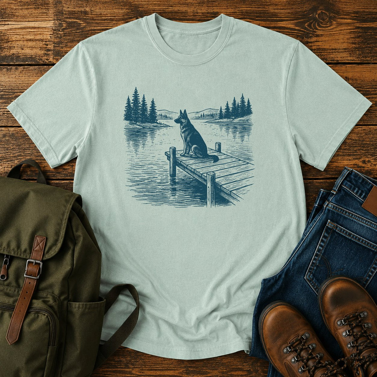 German Shepherd dock watch t-shirt design with alert dog by calm summer water.