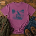 German Shepherd dock watch t-shirt design with alert dog by calm summer water.