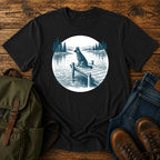 German Shepherd dock watch t-shirt design with alert dog by calm summer water.