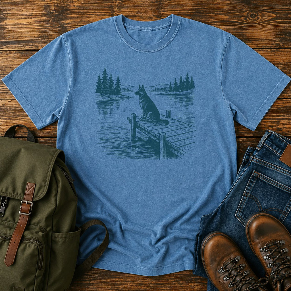 German Shepherd dock watch t-shirt design with alert dog by calm summer water.