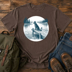 German Shepherd dock watch t-shirt design with alert dog by calm summer water.