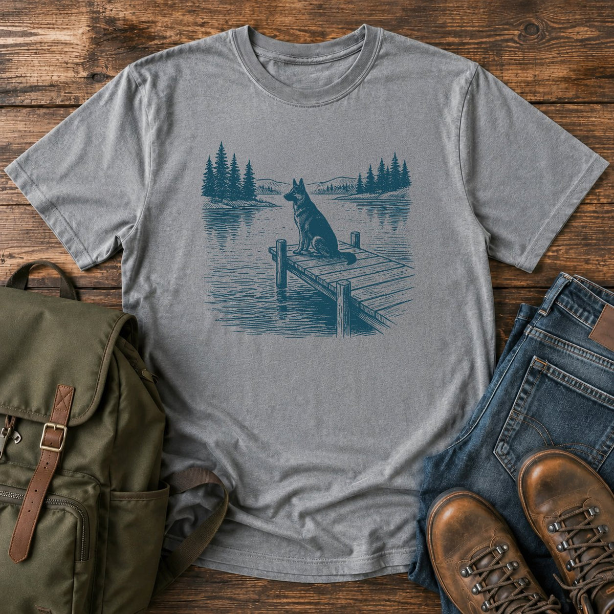 German Shepherd dock watch t-shirt design with alert dog by calm summer water.