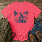 German Shepherd dock watch t-shirt design with alert dog by calm summer water.