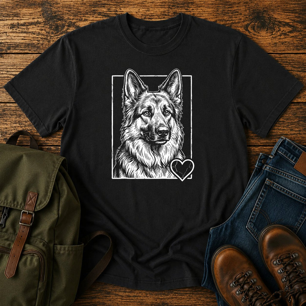 German Shepherd portrait t-shirt design with sweet engraved dog and small heart