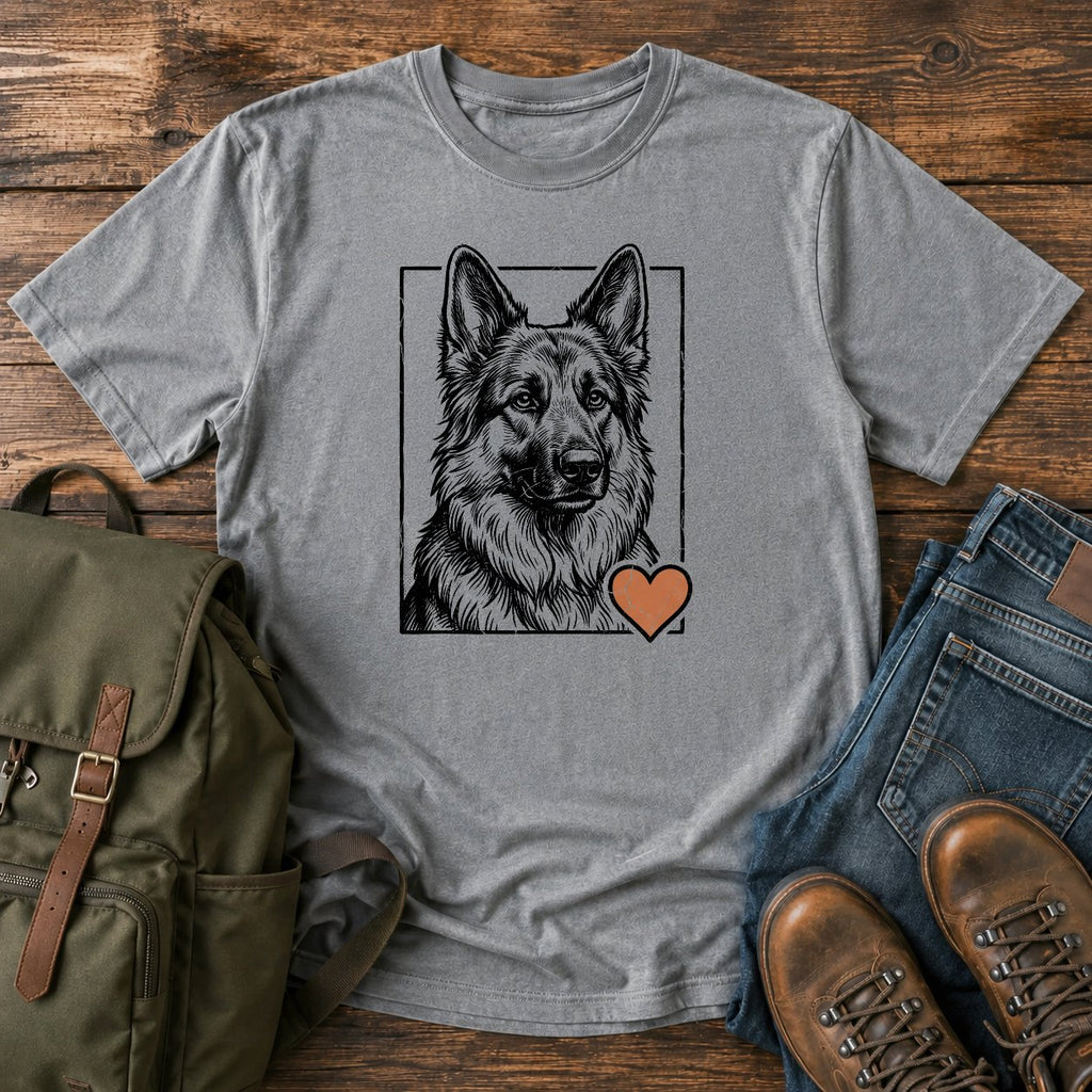 German Shepherd portrait t-shirt design with sweet engraved dog and small heart