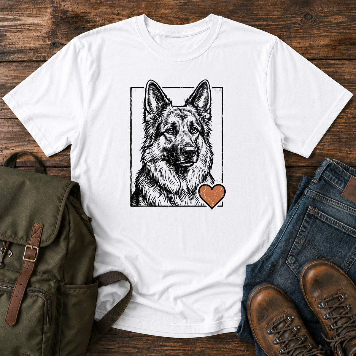 German Shepherd portrait t-shirt design with sweet engraved dog and small heart
