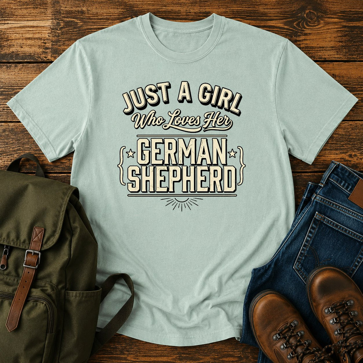 German Shepherd dog mom text t-shirt with hand-lettered script on a vintage-dyed tee