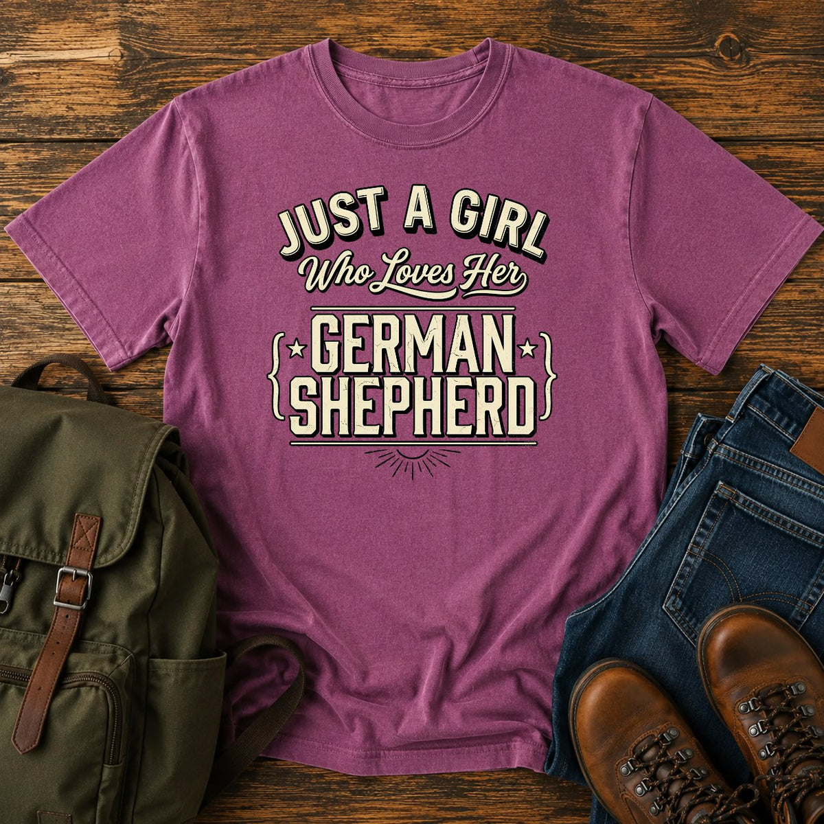 German Shepherd dog mom text t-shirt with hand-lettered script on a vintage-dyed tee