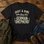 German Shepherd dog mom text t-shirt with hand-lettered script on a vintage-dyed tee