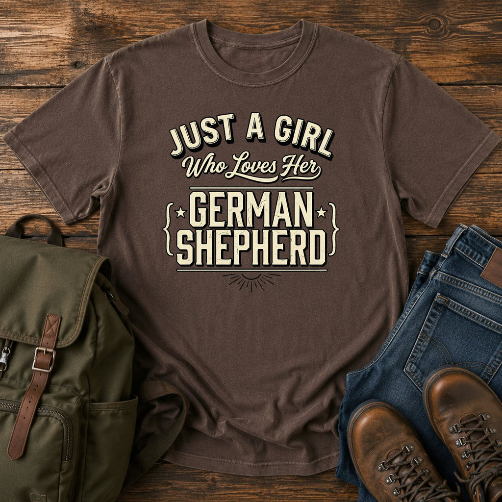German Shepherd dog mom text t-shirt with hand-lettered script on a vintage-dyed tee