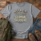 German Shepherd dog mom text t-shirt with hand-lettered script on a vintage-dyed tee