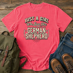 German Shepherd dog mom text t-shirt with hand-lettered script on a vintage-dyed tee