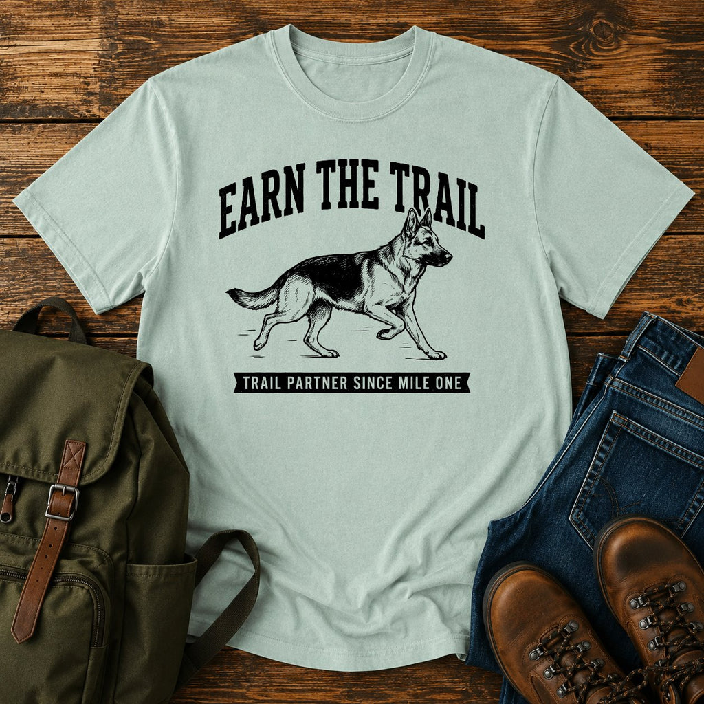 German Shepherd earn the trail trail running dog on a t-shirt design