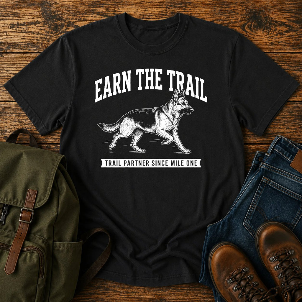 German Shepherd earn the trail trail running dog on a t-shirt design