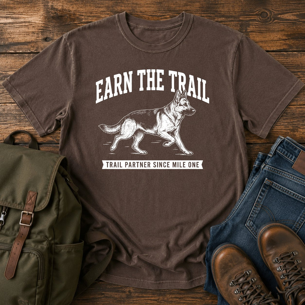 German Shepherd earn the trail trail running dog on a t-shirt design