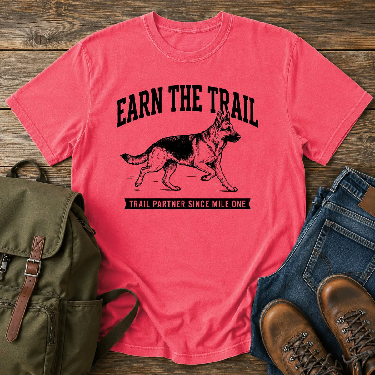 German Shepherd earn the trail trail running dog on a t-shirt design