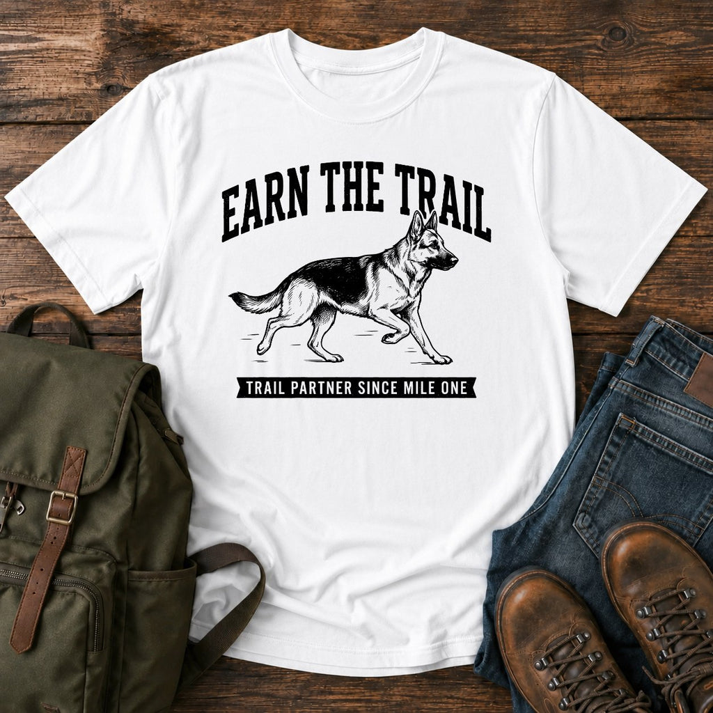 German Shepherd earn the trail trail running dog on a t-shirt design