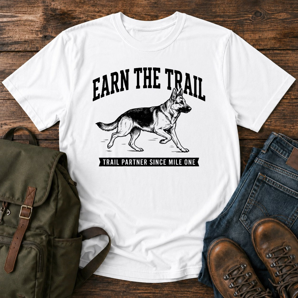 German Shepherd earn the trail trail running dog on a t-shirt design