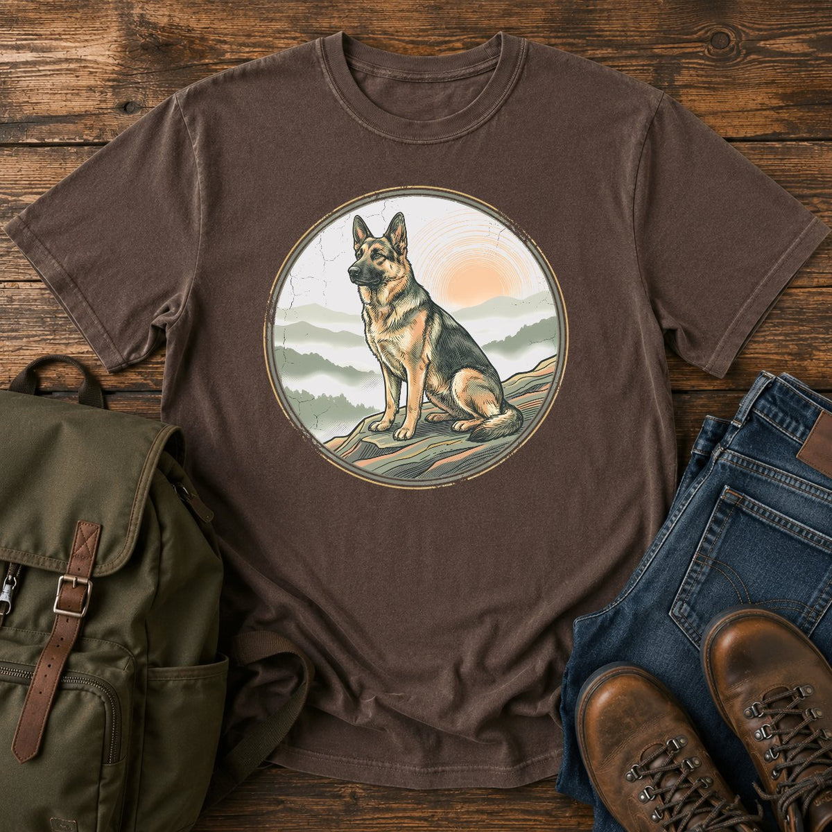 German Shepherd first light hiking overlook t-shirt design with mountain sunrise