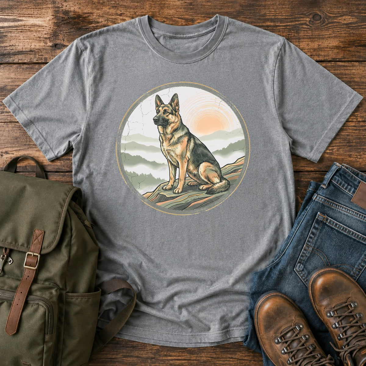 German Shepherd first light hiking overlook t-shirt design with mountain sunrise