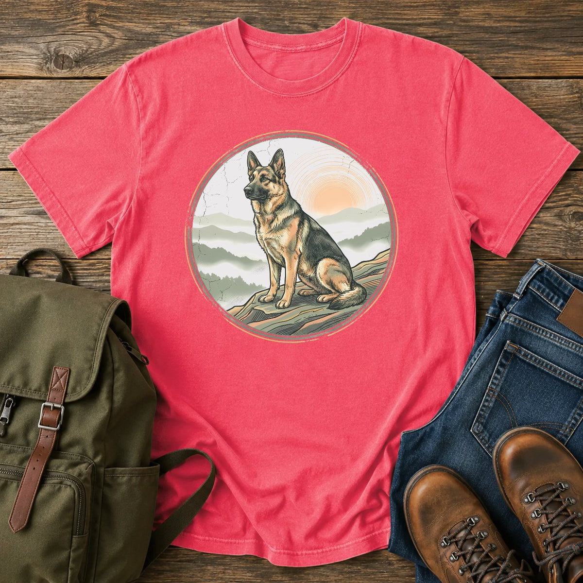 German Shepherd first light hiking overlook t-shirt design with mountain sunrise