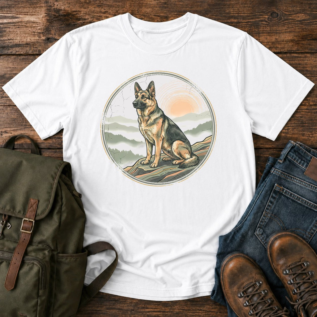 German Shepherd first light hiking overlook t-shirt design with mountain sunrise