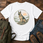 German Shepherd first light hiking overlook t-shirt design with mountain sunrise