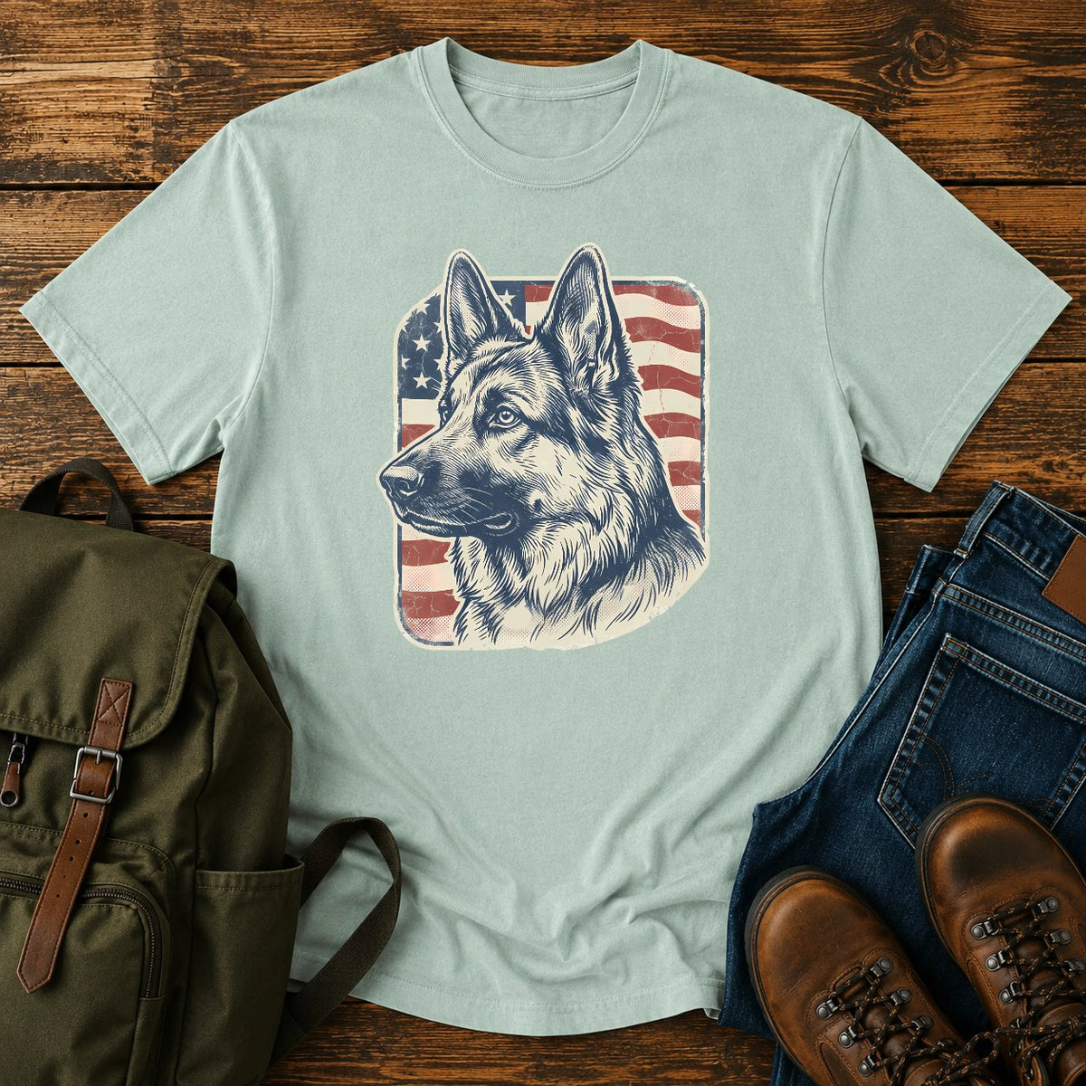 German Shepherd patriotic flag field t-shirt design with vintage portrait artwork