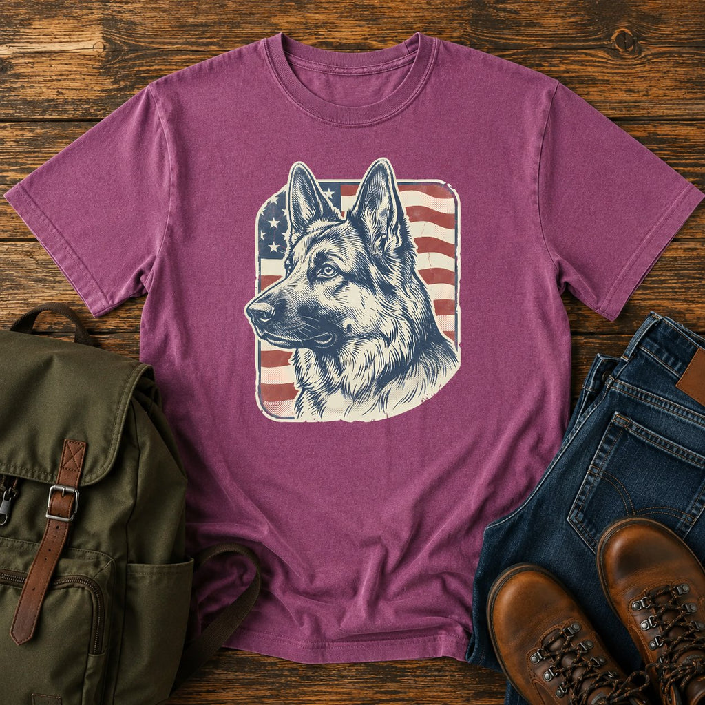 German Shepherd patriotic flag field t-shirt design with vintage portrait artwork