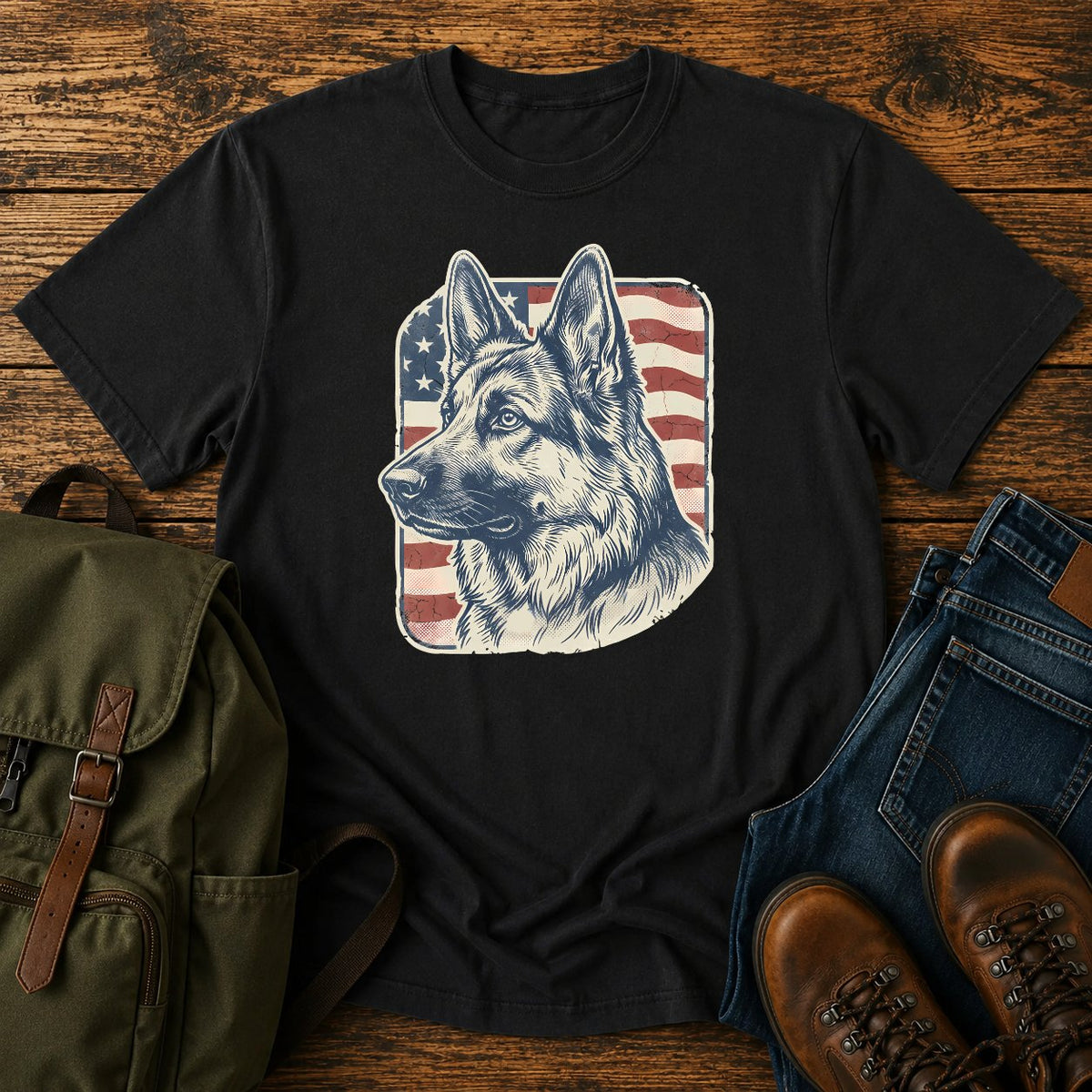 German Shepherd patriotic flag field t-shirt design with vintage portrait artwork