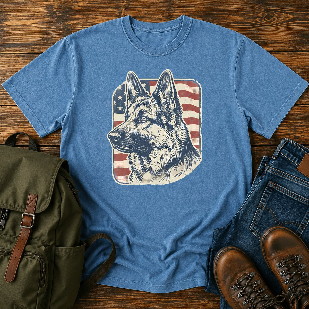 German Shepherd patriotic flag field t-shirt design with vintage portrait artwork