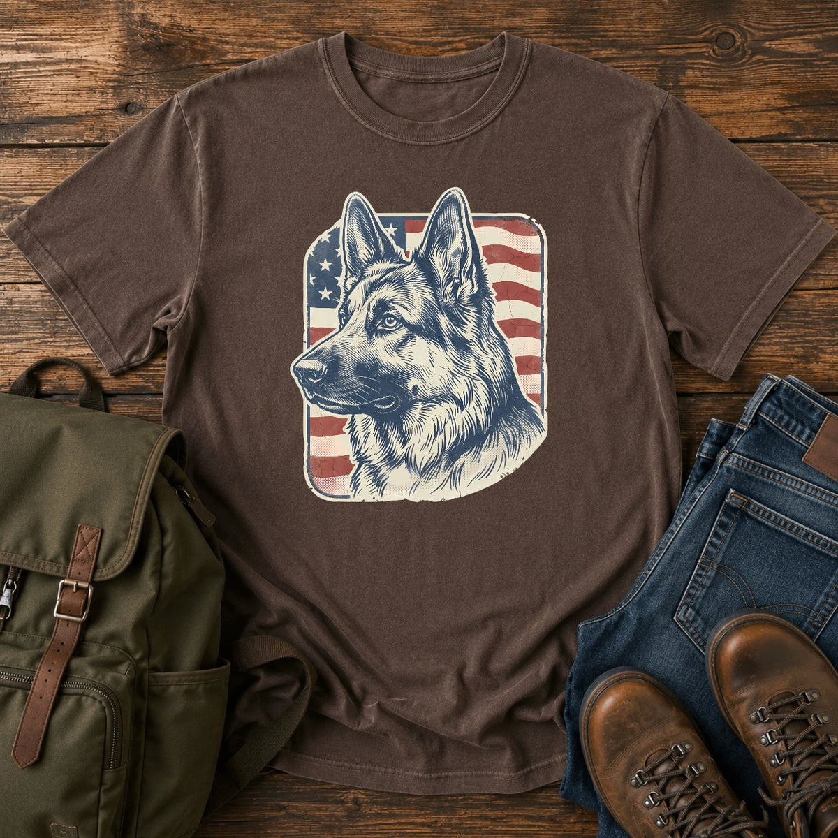 German Shepherd patriotic flag field t-shirt design with vintage portrait artwork