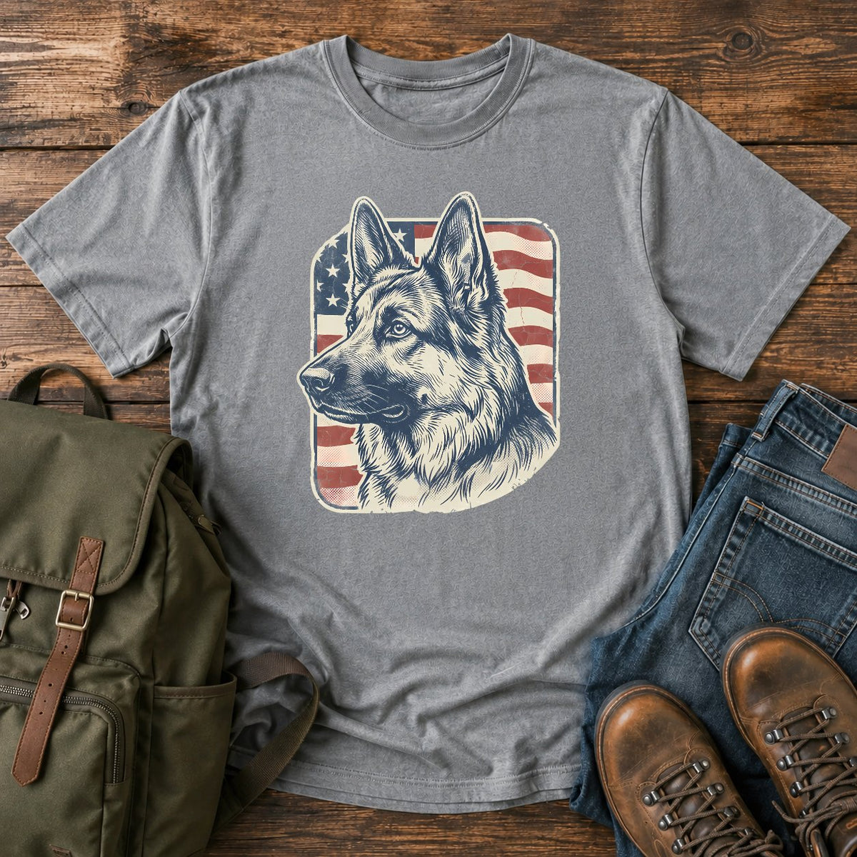 German Shepherd patriotic flag field t-shirt design with vintage portrait artwork