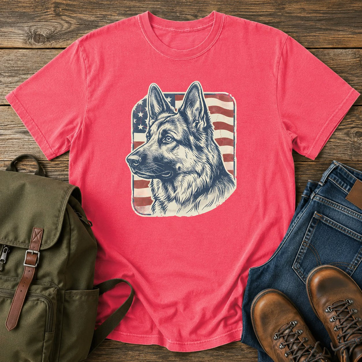 German Shepherd patriotic flag field t-shirt design with vintage portrait artwork