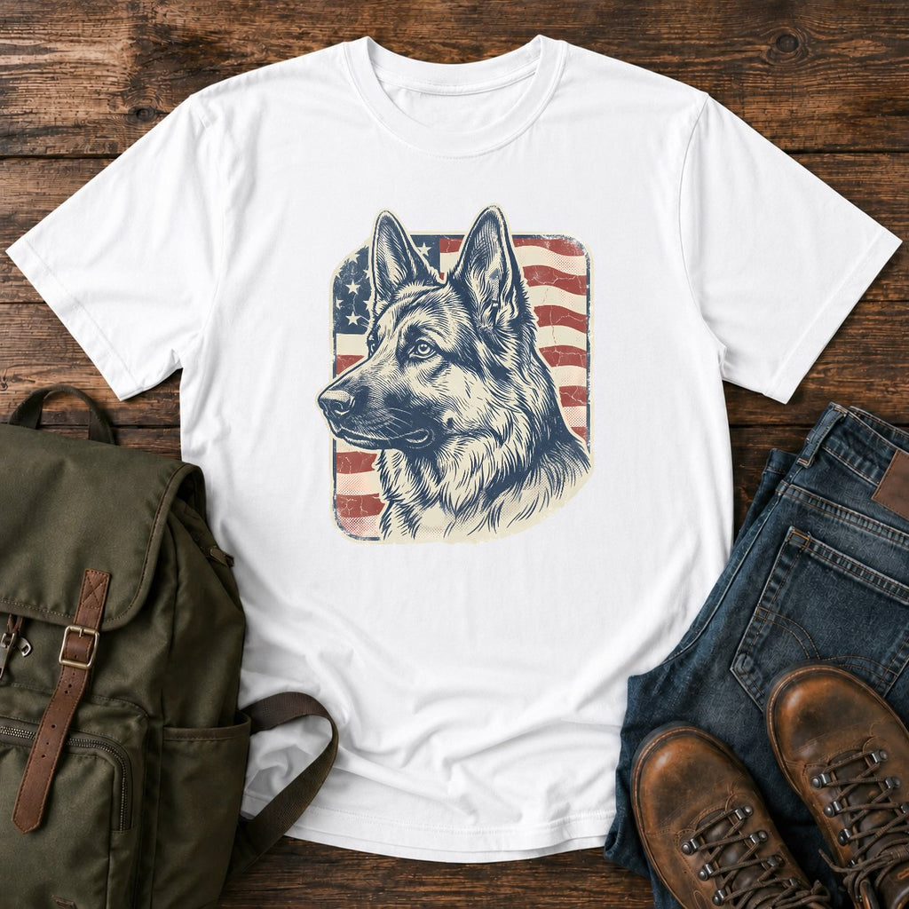German Shepherd patriotic flag field t-shirt design with vintage portrait artwork
