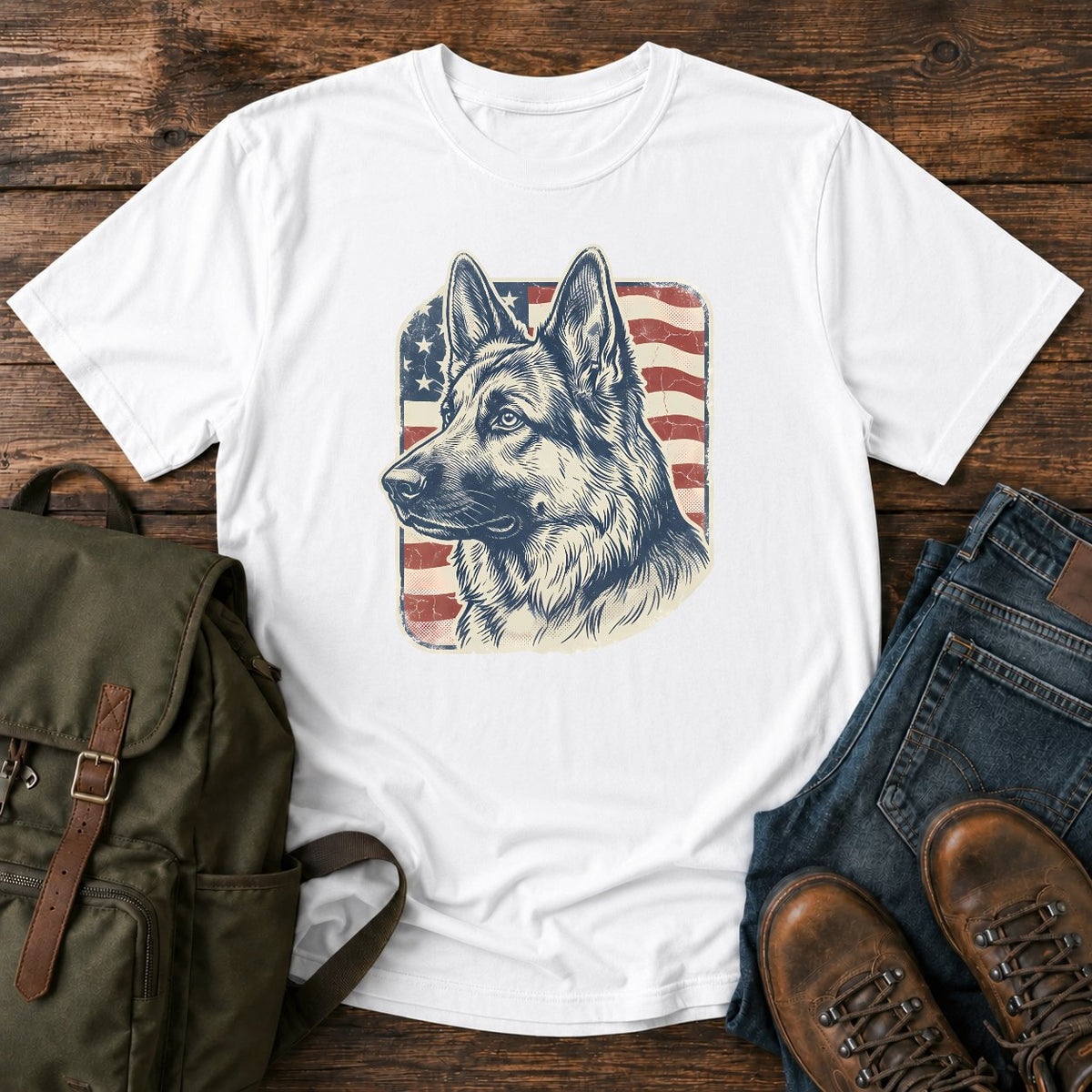 German Shepherd patriotic flag field t-shirt design with vintage portrait artwork