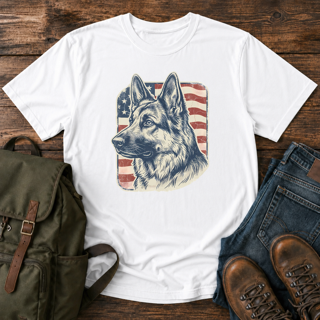 German Shepherd patriotic flag field t-shirt design with vintage portrait artwork