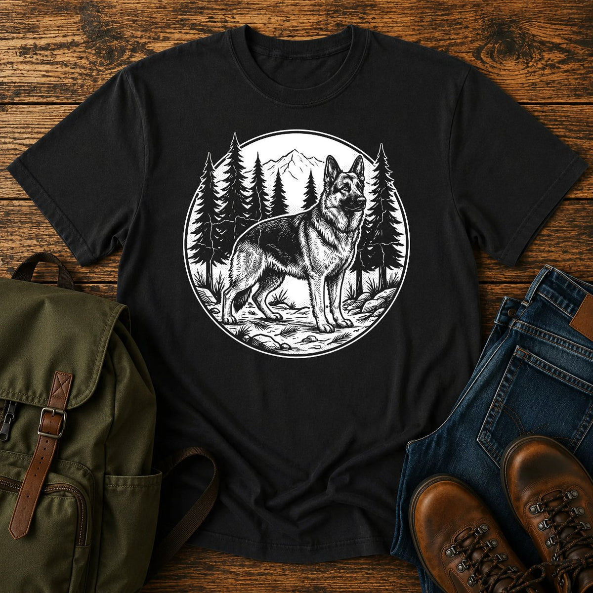 German Shepherd forest trail scene t-shirt design