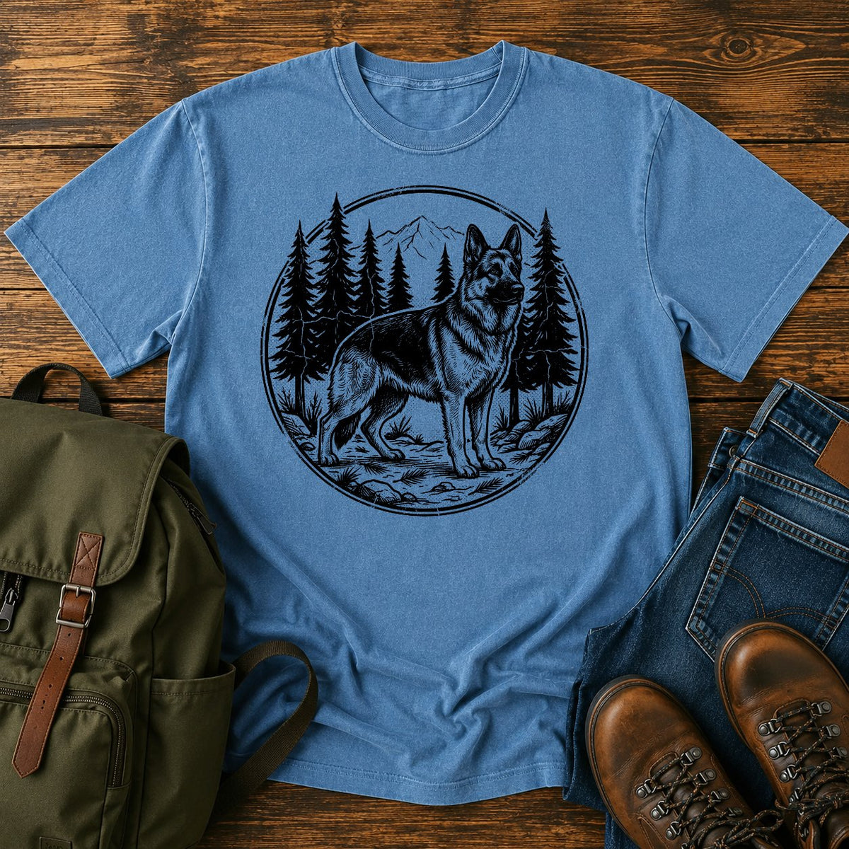 German Shepherd forest trail scene t-shirt design